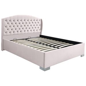 Pat dublu tapitat model Jaky Vancouver cu picioare 180x200 cm, culoare crem cu somiera metalica fixa