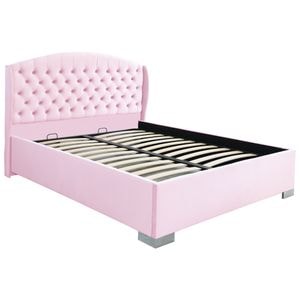 Pat dublu tapitat model Jaky Vancouver cu picioare 160x200 cm, culoare roz cu somiera metalica fixa