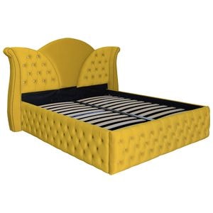 Pat dublu tapitat model Jaky Florida Deluxe 180x200 cm, culoare galben mustar cu somiera metalica rabatabila si spatiu de depozitare