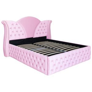 Pat dublu tapitat model Jaky Florida Deluxe 140x200 cm, culoare roz cu somiera metalica rabatabila si spatiu de depozitare