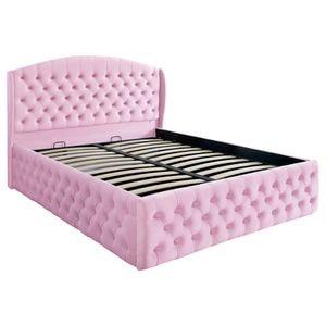 Pat dublu tapitat model Jaky Vancouver Deluxe 200x200 cm, culoare roz cu somiera metalica rabatabila si spatiu de depozitare