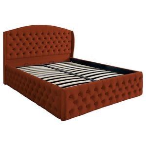 Pat dublu tapitat model Jaky Vancouver Deluxe 200x200 cm, culoare caramiziu cu somiera metalica rabatabila si spatiu de depozitare