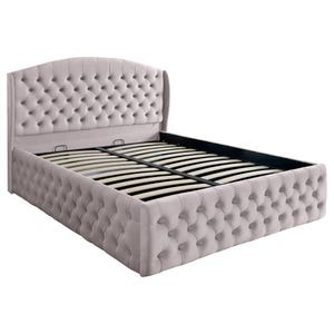 Pat dublu tapitat model Jaky Vancouver Deluxe 200x200 cm, culoare crem cu somiera metalica rabatabila si spatiu de depozitare