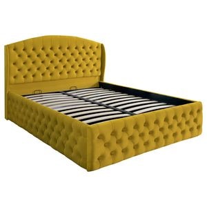 Pat dublu tapitat model Jaky Vancouver Deluxe 180x200 cm, culoare galben mustar cu somiera metalica rabatabila si spatiu de depozitare