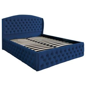 Pat dublu tapitat model Jaky Vancouver Deluxe 120x200 cm, culoare albastru cu somiera metalica rabatabila si spatiu de depozitare