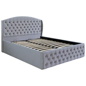 Pat dublu tapitat model Jaky Vancouver 200x200 cm, culoare gri deschis cu somiera metalica rabatabila si spatiu de depozitare