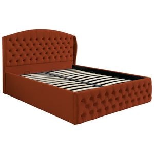 Pat dublu tapitat model Jaky Vancouver 200x200 cm, culoare caramiziu cu somiera metalica rabatabila si spatiu de depozitare