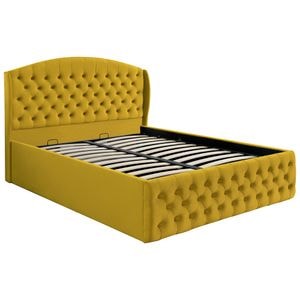 Pat dublu tapitat model Jaky Vancouver 200x200 cm, culoare galben mustar cu somiera metalica rabatabila si spatiu de depozitare