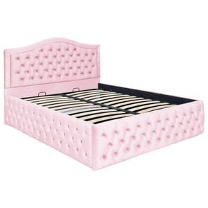 Pat dublu tapitat model Jaky Arizona Deluxe 200x200 cm, culoare roz cu somiera metalica rabatabila si spatiu de depozitare