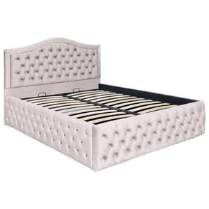 Pat dublu tapitat model Jaky Arizona Deluxe 200x200 cm, culoare crem cu somiera metalica rabatabila si spatiu de depozitare