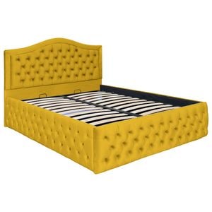 Pat dublu tapitat model Jaky Arizona Deluxe 180x200 cm, culoare galben mustar cu somiera metalica rabatabila si spatiu de depozitare