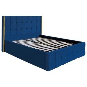Pat dublu tapitat model Jaky Nevada 120x200 cm, culoare albastru cu somiera metalica rabatabila si spatiu de depozitare
