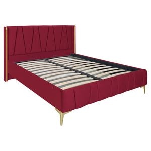 Pat dublu tapitat model Jaky Montana cu picioare aurii, dimensiune 200x200 cm, culoare visiniu, cu somiera metalica fixa