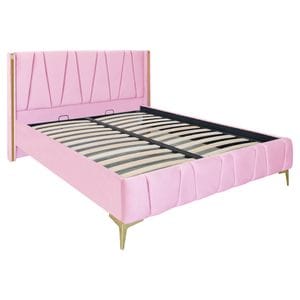Pat dublu tapitat model Jaky Montana cu picioare aurii, dimensiune 200x200 cm, culoare roz, cu somiera metalica fixa