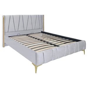 Pat dublu tapitat model Jaky Montana cu picioare aurii, dimensiune 200x200 cm, culoare gri deschis, cu somiera metalica fixa