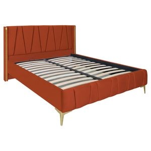 Pat dublu tapitat model Jaky Montana cu picioare aurii, dimensiune 200x200 cm, culoare caramiziu, cu somiera metalica fixa
