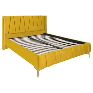 Pat dublu tapitat model Jaky Montana cu picioare aurii, dimensiune 200x200 cm, culoare galben mustar, cu somiera metalica fixa