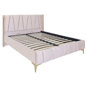 Pat dublu tapitat model Jaky Montana cu picioare aurii, dimensiune 200x200 cm, culoare crem, cu somiera metalica fixa