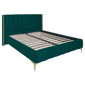 Pat dublu tapitat model Jaky Montana cu picioare aurii, dimensiune 200x200 cm, culoare verde, cu somiera metalica fixa