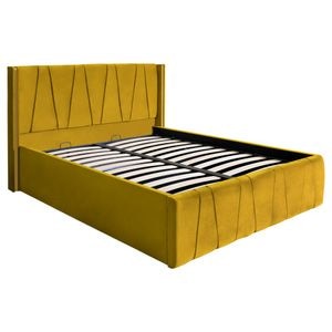 Pat dublu tapitat model Jaky Montana 200x200 cm, culoare galben mustar cu somiera metalica rabatabila si spatiu depozitare