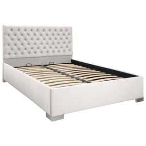 Pat dublu tapitat Jaky Texas, cu picioare, dimensiune 200x200 cm, culoare crem, cu somiera metalica fixa