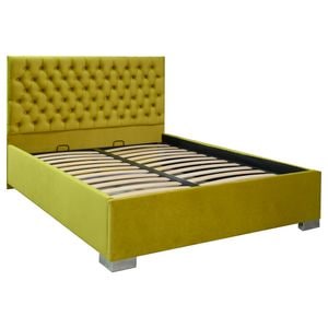 Pat dublu tapitat Jaky Texas, cu picioare, dimensiune 200x200 cm, culoare galben mustar, cu somiera metalica fixa
