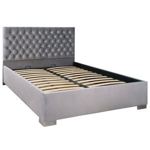 Pat dublu tapitat Jaky Texas, cu picioare, dimensiune 200x200 cm, culoare gri deschis, cu somiera metalica fixa