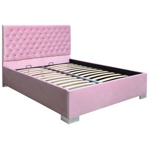 Pat dublu tapitat Jaky Texas, cu picioare, dimensiune 200x200 cm, culoare roz, cu somiera metalica fixa