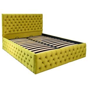Pat dublu tapitat model Jaky Texas Deluxe 180x200 cm, culoare galben mustar cu somiera metalica rabatabila si spatiu de depozitare