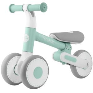 Bicicleta de echilibru, cadru durabil din otel, stabil, scaun moale, din spuma, inaltime reglabila, 25-28 cm, 3 roti din spuma EVA, menta si alb