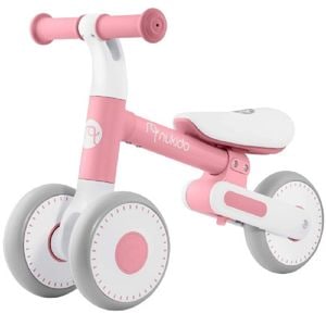 Bicicleta de echilibru, cadru durabil din otel, stabil, scaun moale, din spuma, inaltime reglabila, 25-28 cm, 3 roti din spuma EVA, roz si alb
