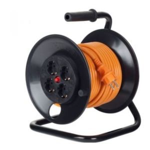 Derulator BACHMANN cu 4 prize schuko, cadru metalic, IP20, cordon HO5VV-F 3x1.5mmp portocaliu, 25m