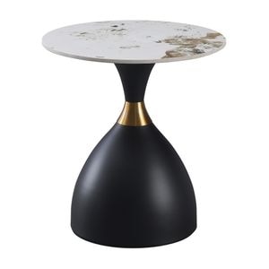Masuta de cafea DacEnergy, blat din piatra slefuita, picior din otel, dunga decorativa aurie, rotunda, 50 x 54 cm, negru si alb