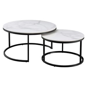 Set 2 masute de cafea DacEnergy, blat din piatra slefuita, structura din otel cu finisaj negru, 80 x 43 cm, forma rotunda, alba