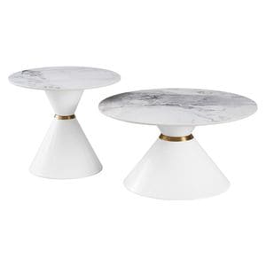 Set 2 mese de cafea DacEnergy, picior din otel, blat din piatra slefuita din marmura, forma rotunda, eleganta, 80 x 41.5 cm, finisaj alb