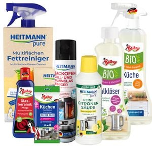 Set universal Heitmann si Poliboy, pentru curatat bucatarie, solutie plita, servele umede, degresant, spray bucatarie, acid citric, spuma grasimi si detergent vase
