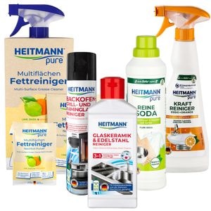 Set solutii curatare si intretinere Heitmann si Poliboy, pentru casa, degresant, pasta pentru sticla, spuma grasime, degresant flacon si plic, degresant plic si soda lichida