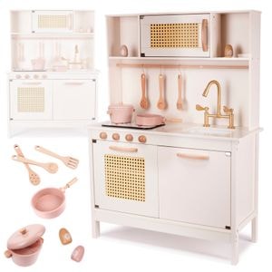 Bucatarie pentru copii Indiggo, RetroKitchen, Din lemn, Cu arzatoare cu lumini si sunete, Cuptor, Chiuveta, Cu spatiu de depozitare, 8 Accesorii, Vopsea pe baza de apa, 100 cm inaltime, Alb/Auriu