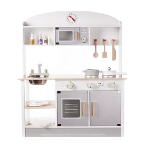Bucatarie din lemn Ikonka, Modern, Pentru copii MDF, Cu accesorii, 68 x 25.5 x 82 cm, Alb/Gri