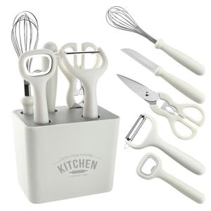 Pachet eMazing de 6 ustensile de bucatarie, include suport, desfacator de conserve, curatator de legume, foarfeca, cutit, tel, fabricate din ABS si otel inoxidabil, in culoare alba