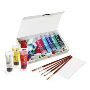 Set Primo, 8 tempera, 1 canvas 18x24 cm, 10 pensule, 5 rotunde, 5 dreptunghiulare