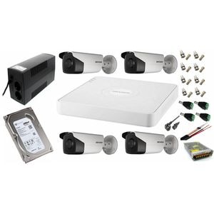 Sistem supraveghere video cu UPS 4 camere Hikvision exterior 5MP Turbo HD cu IR 40M, full accesorii cu HARD 1TB, live internet