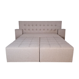 Canapea extensibila cu tablie de pat Rafael 160, Iza, Relaxa, lada, noptiere, perne, culoare bej, stofa, 250x115x105 cm