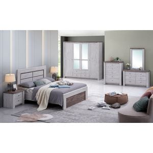Dormitor July Alb, comoda 6 sertare, dulap 4 usi, 2 noptiere, pat 160x200 cm