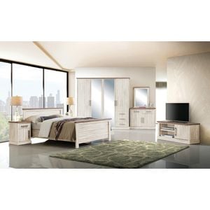 Dormitor July Alb/Sonoma, comoda cu 2 usi, dulap cu 4 usi si oglinda, noptiere si pat 160x200 cm