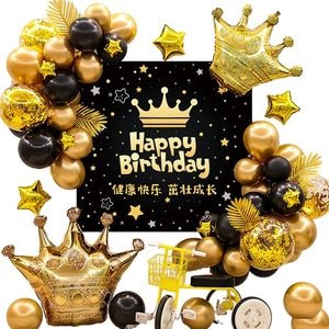 Kit aranjamente baloane Happy Birthday, PROCART, fundal, baloane latex si folie aluminiu, negru auriu
