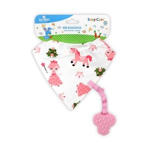Baveta tip bandana Lorelli, cu snur si jucarie dentitie, bumbac, Girl, roz