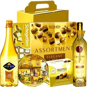 Cos Cadou Cadouri Rafinate, Elegant Gold Selection, cu Vin Spumant Blue Nun cu Aur 24K, Chardonnay Cricova, Fursecuri Daneze, Trufe din Ciocolata, Praline Fine