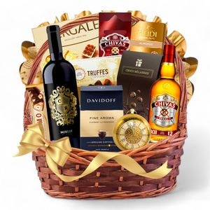 Cos Cadou Cadouri Rafinate, Golden Regalia, cu Whisky Chivas, Vin Rosu, Panettone, Cafea Davidoff, Ceai, Trufe Frantuzesti, Praline Fine, Choco Melanges, Specialitati Gourmet