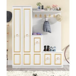 Cuier hol cu pantofar Homs Vera, 183x35x150 cm, alb-auriu